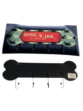 Scottie Dog Bone Shape Wall Hook Plaque Dog Leash Holder Lacquered 4 Metal Hooks